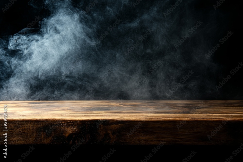 Wooden tabletop with smoke against a black background. Wooden tabletop with smoke against a black background.