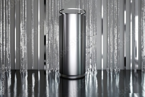 Modern 3D Silver Cylinder Backdrop with Sparkling Abstract Pattern