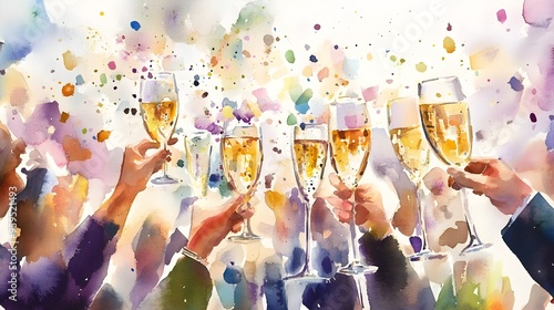 Vibrant watercolor painting showcasing the lively atmosphere and joyous spirit of a New Year s Eve party with champagne confetti and other festive elements photo