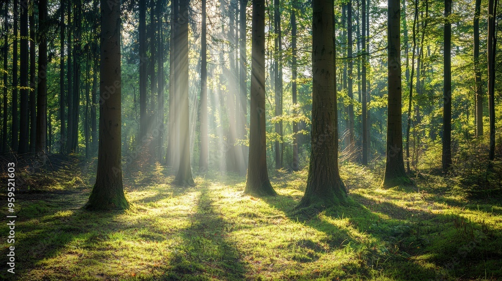 Fototapeta premium A dense forest with sunlight filtering through the tall trees, casting long shadows, copy space
