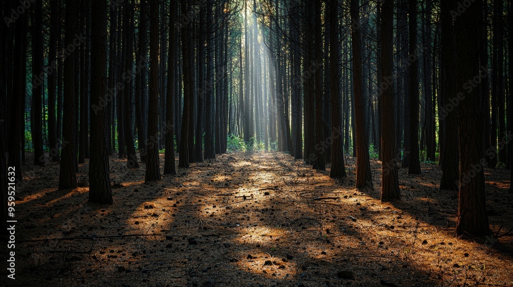 Fototapeta premium A dense forest with sunlight filtering through the tall trees, casting long shadows, copy space