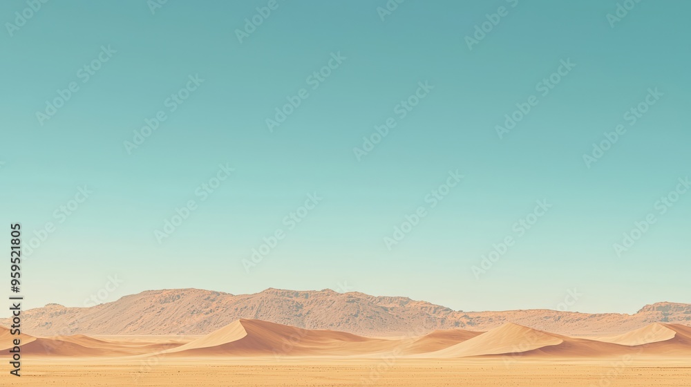 A desert landscape with dunes and a clear, cloudless sky, emphasizing the vastness and solitude A desert landscape with dunes and a clear, cloudless sky, emphasizing the vastness and solitude