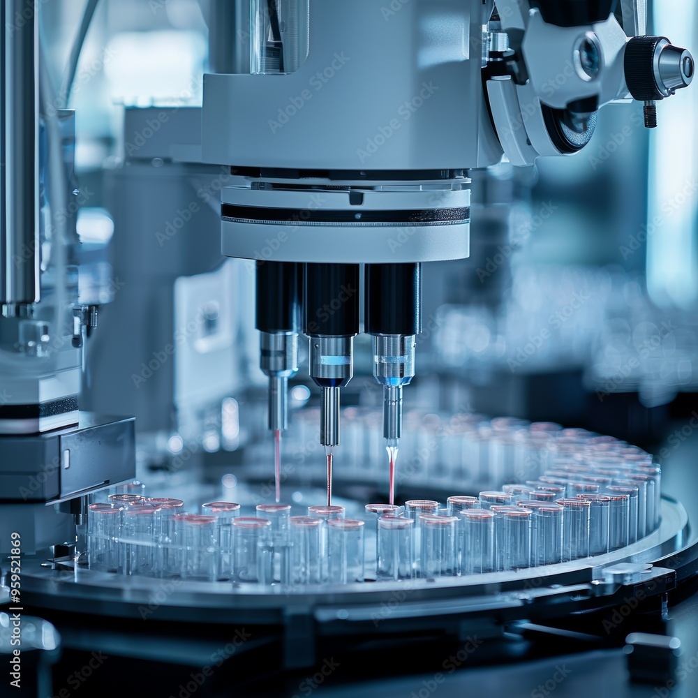 Automated laboratory machines working with gene editing tools in a futuristic biotechnology lab Automated laboratory machines working with gene editing tools in a futuristic biotechnology lab