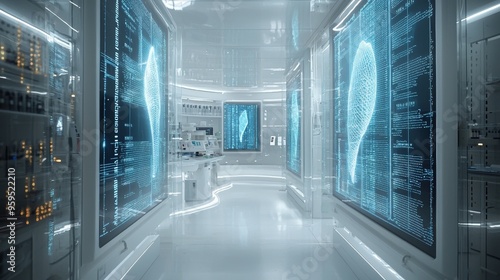 Biotechnology lab with transparent digital screens displaying genetic data, modern research facility