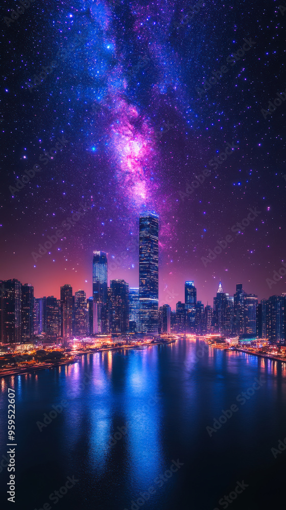Fototapeta premium Milky Way Galaxy rising night City
