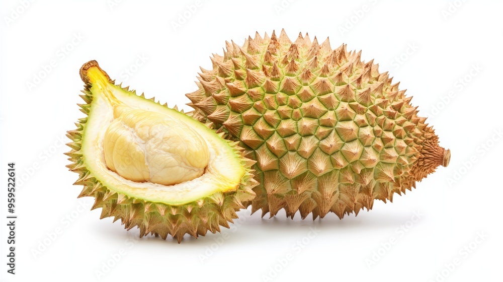 A durian, showcasing its spiky shell and soft flesh, isolated on a white background, emphasizing its unique export quality A durian, showcasing its spiky shell and soft flesh, isolated on a white background, emphasizing its unique export quality