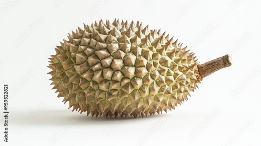 A durian, showcasing its spiky shell and soft flesh, isolated on a white background, emphasizing its unique export quality A durian, showcasing its spiky shell and soft flesh, isolated on a white background, emphasizing its unique export quality