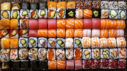 A vibrant close-up photo showcasing an assorted platter of sushi rolls, featuring a variety of fresh ingredients and textures.