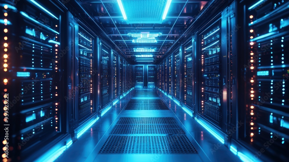 A futuristic data center with rows of servers, glowing lights, and advanced cooling systems, copy space A futuristic data center with rows of servers, glowing lights, and advanced cooling systems, copy space