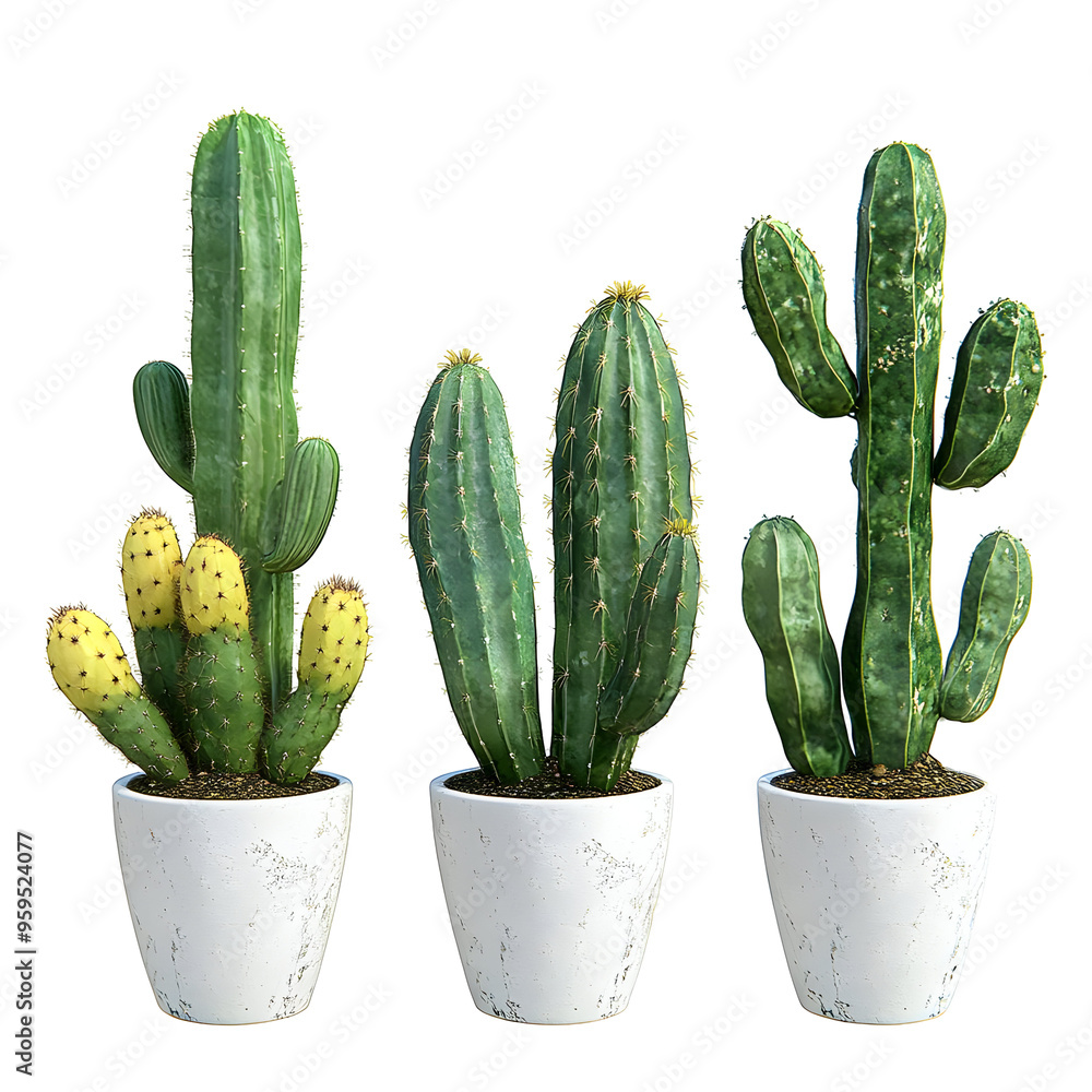 Three potted cactus plants isolated on a transparent background, with green foliage and white pots, featuring a spiky cactus, a tall cactus with yellow accents, and a classic cactus with segmented arm Three potted cactus plants isolated on a transparent background, with green foliage and white pots, featuring a spiky cactus, a tall cactus with yellow accents, and a classic cactus with segmented arm