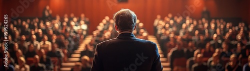 A speaker addresses a captivated audience in a dimly lit auditorium, showcasing the essence of public speaking and engagement. photo