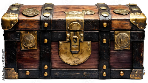 Antique wooden treasure chest with brass accents and metal straps isolated on transparent background