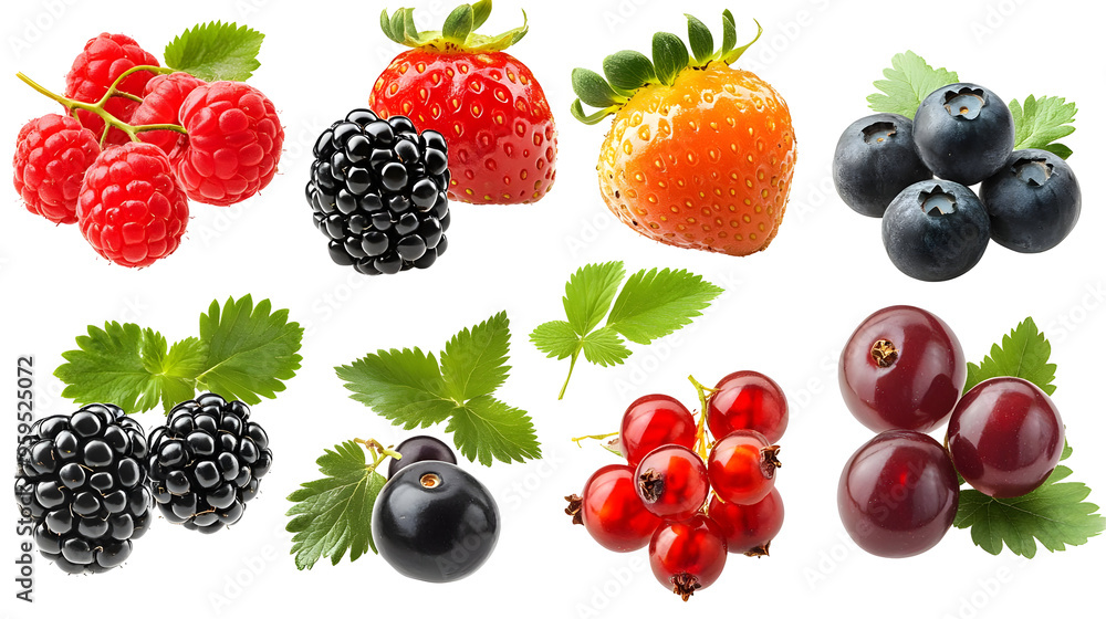 Fresh Raspberries, Blackberries, Strawberries and Blueberries with Green Leaves Isolated on a Transparent Background Fresh Raspberries, Blackberries, Strawberries and Blueberries with Green Leaves Isolated on a Transparent Background