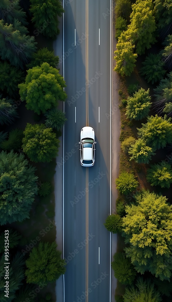 Aerial view of car driving in highway road with green trees both side view Aerial view of car driving in highway road with green trees both side view
