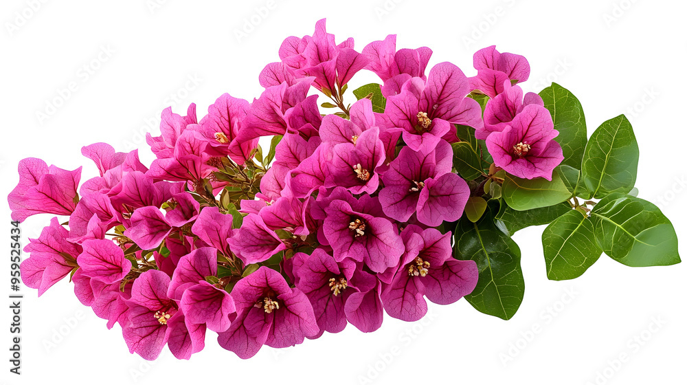 Obraz premium Vibrant Pink Bougainvillea Flowers with Green Leaves Isolated on Transparent Background