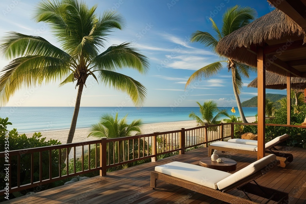 Fototapeta premium Relaxing Tropical Beach Escape with Peaceful Palm Trees and Serene Atmosphere