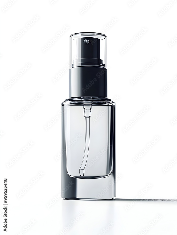 Sleek Glass Bottle with Pump Dispenser for Luxury Face Serum on White Background Sleek Glass Bottle with Pump Dispenser for Luxury Face Serum on White Background
