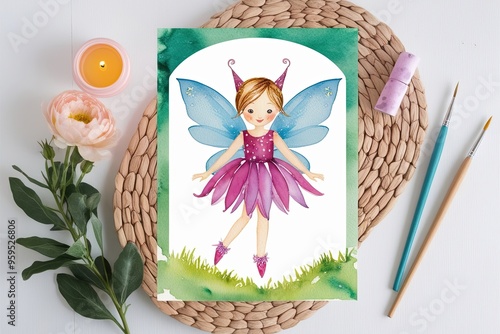 Cute Fairy Watercolor Illustration for Children�s Decor and Invitations photo