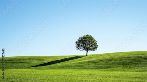 A lone tree on the distant horizon of rolling green hills, under a cloudless blue sky, copy space