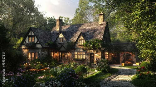 Charming Rustic Cottage Nestled in Idyllic Countryside Landscape with Lush Foliage and Cozy Atmosphere