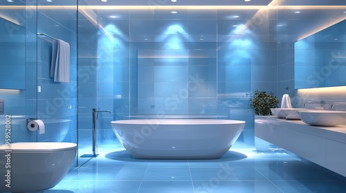 A modern bathroom with water-saving fixtures and energy-efficient lighting, designed to reduce environmental impact