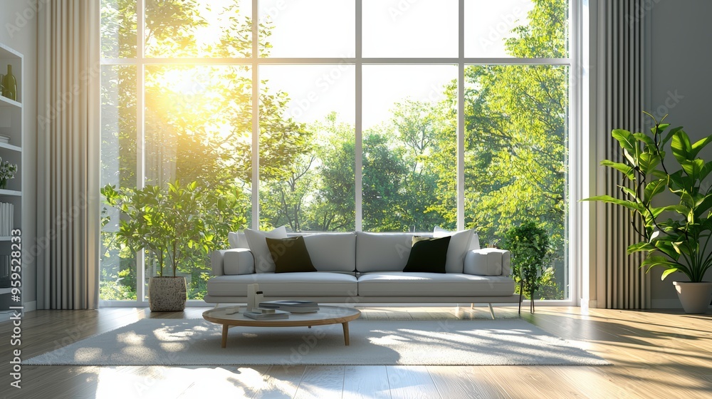 Fototapeta premium A modern living room illuminated by natural sunlight through energy-efficient windows, clean energy concept