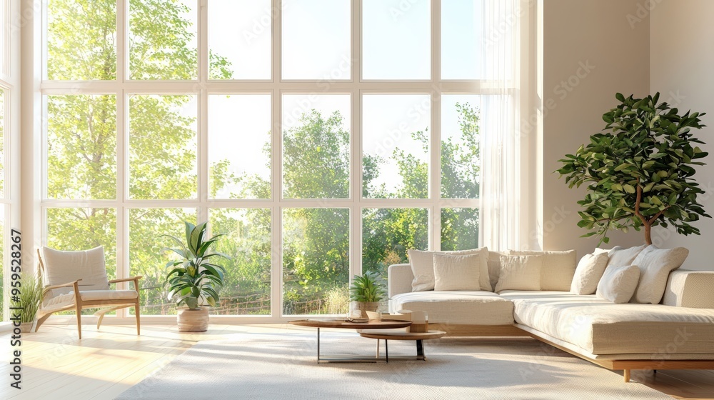 A modern living room illuminated by natural sunlight through energy-efficient windows, clean energy concept A modern living room illuminated by natural sunlight through energy-efficient windows, clean energy concept