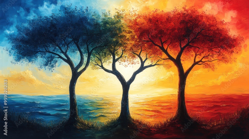 Three Trees Silhouetted Against a Colorful Sunset Over a Watery Landscape Three Trees Silhouetted Against a Colorful Sunset Over a Watery Landscape