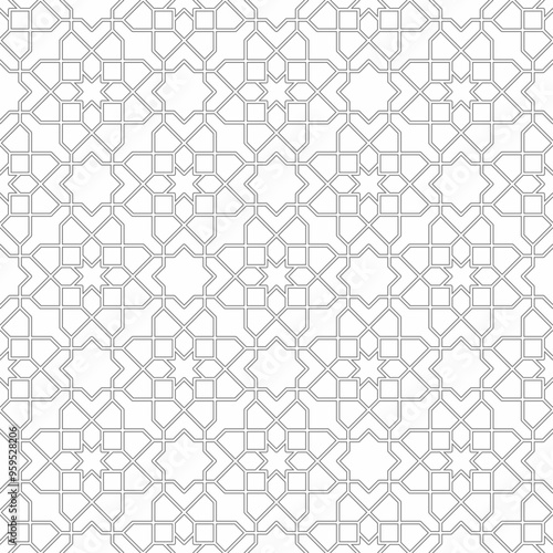 Seamless Islamic pattern consisting of interlocking lines on a white background. Suitable for various creative projects or decorative elements.