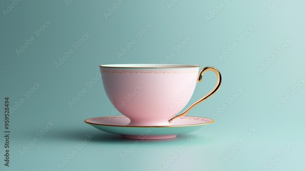 Elegant Pink Ceramic Tea Cup and Saucer on Soft Mint Background Elegant Pink Ceramic Tea Cup and Saucer on Soft Mint Background