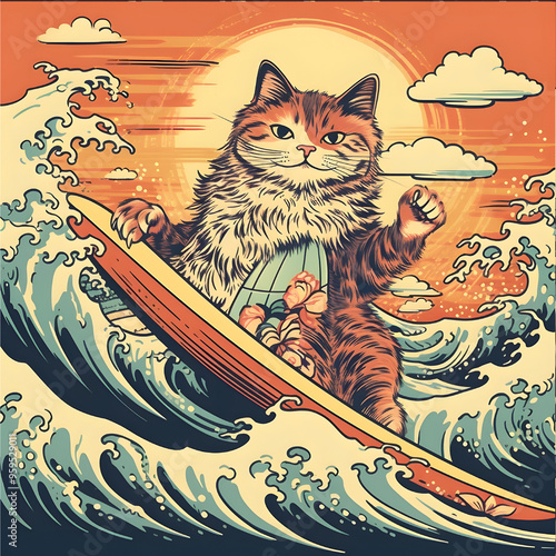 There is a cat sitting on top of a wave in the ocean generative ai photo