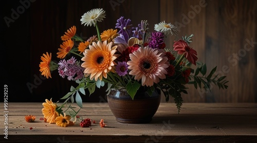 A flower bouquet in a vase on a wooden table