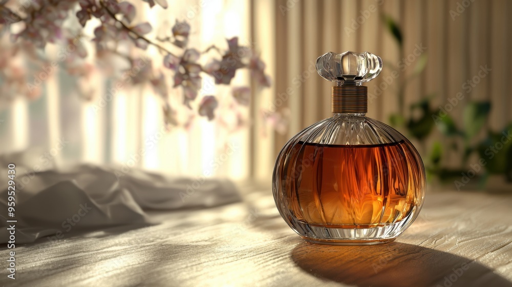Elegant Glass Perfume Bottle with Amber Liquid Reflecting in Sunlight Elegant Glass Perfume Bottle with Amber Liquid Reflecting in Sunlight