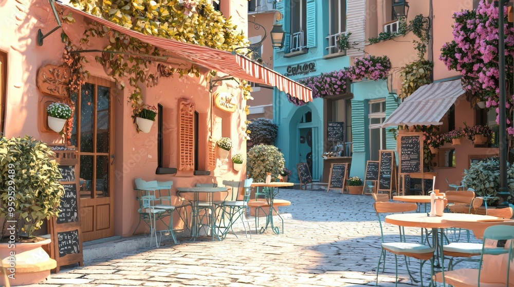 Fototapeta premium Charming European Town Street with Colorful Storefronts and Outdoor Cafe Seating