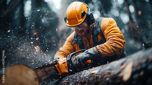 A man is using a chainsaw to cut a log. photo