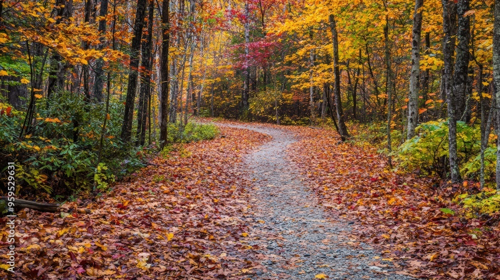 Naklejka premium A peaceful autumn forest with a thick layer of red, orange, and yellow leaves on the ground