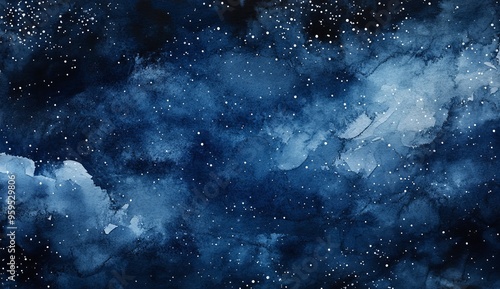 Fototapeta Naklejka Na Ścianę i Meble -  Abstract watercolor painting of a starry night sky with white stars scattered on a dark blue background.