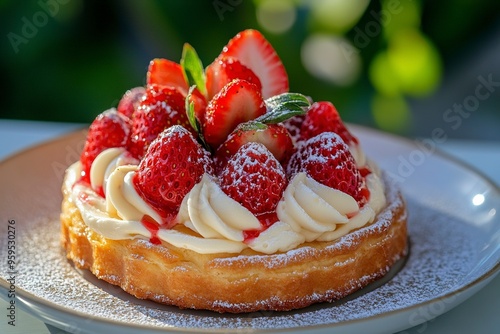 Cake Tarte tropezienne or La Tarte de Saint Tropez. dessert pastry consisting of filled brioche with cream and fresh berries served outdoor with fresh ripe strawberry. Generative Ai photo