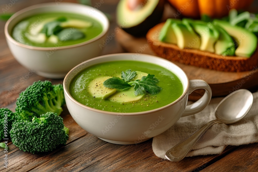 Green soup with avocado, broccoli, and parsley garnished with black pepper on a rustic wooden table. Green soup with avocado, broccoli, and parsley garnished with black pepper on a rustic wooden table.