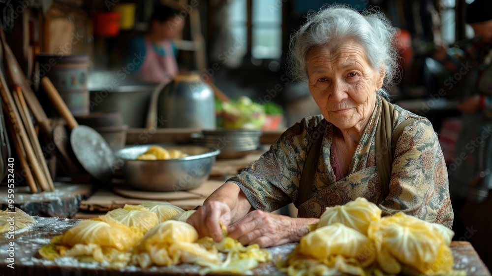 Ukrainian grandmother preparing Holubtsi in her cozy kitchen, rolling cabbage leaves with filling, traditional cooking scene with kitchen utensils in the background Ukrainian grandmother preparing Holubtsi in her cozy kitchen, rolling cabbage leaves with filling, traditional cooking scene with kitchen utensils in the background