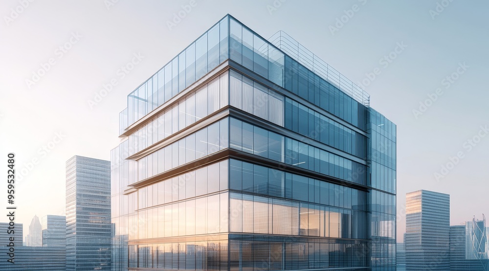 Modern glass office building in a city skyline with a blue sky in the background. Modern glass office building in a city skyline with a blue sky in the background.