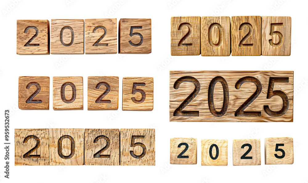 Set of wooden cubes with number of new year 2025 isolated on transparent background Set of wooden cubes with number of new year 2025 isolated on transparent background