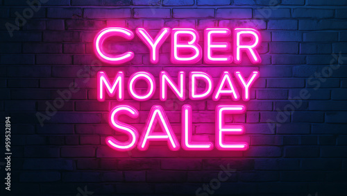 A pink neon sign that says "Cyber Monday Sale" against a brick wall.