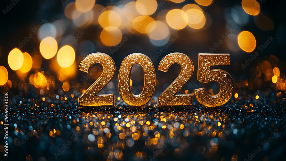 2025 in gold glitter against a sparkly background. Happy New Year 2025.
2025 in gold glitter against a sparkly background. Happy New Year 2025.