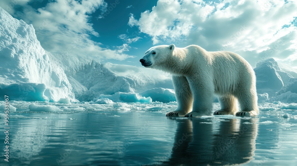 A polar bear stands on an ice floe with iceberg background A polar bear stands on an ice floe with iceberg background