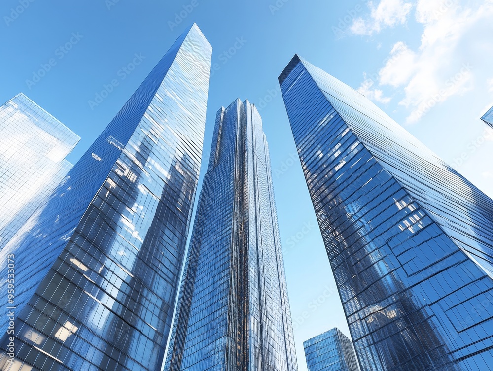 Low angle view of towering skyscrapers against a bright blue sky with puffy white clouds. Low angle view of towering skyscrapers against a bright blue sky with puffy white clouds.