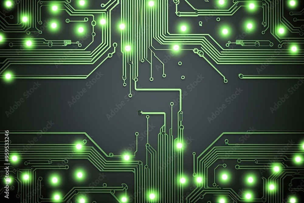 Obraz premium Sleek Minimalist Digital Circuit Board Design with Sparkling Lights in Lime Green and Charcoal Gray