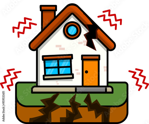 Earthquake crack house accident cartoon illustration 