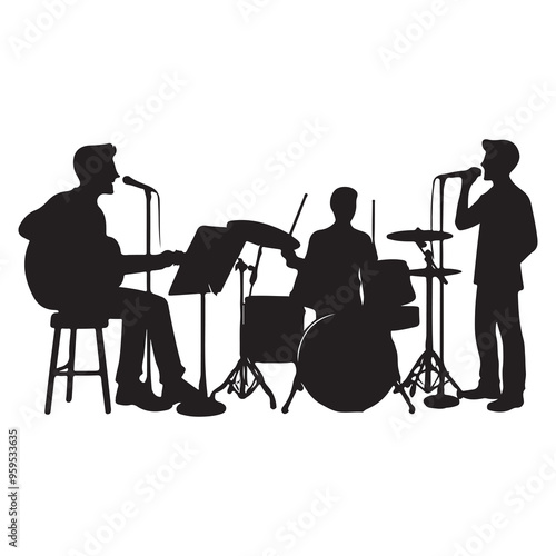 Singer group band silhouette, sing music. Pop, country music, rock stars and hiphop rapper artist vocalists