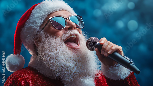 Santa Claus is singing into a microphone wearing sunglasses.
